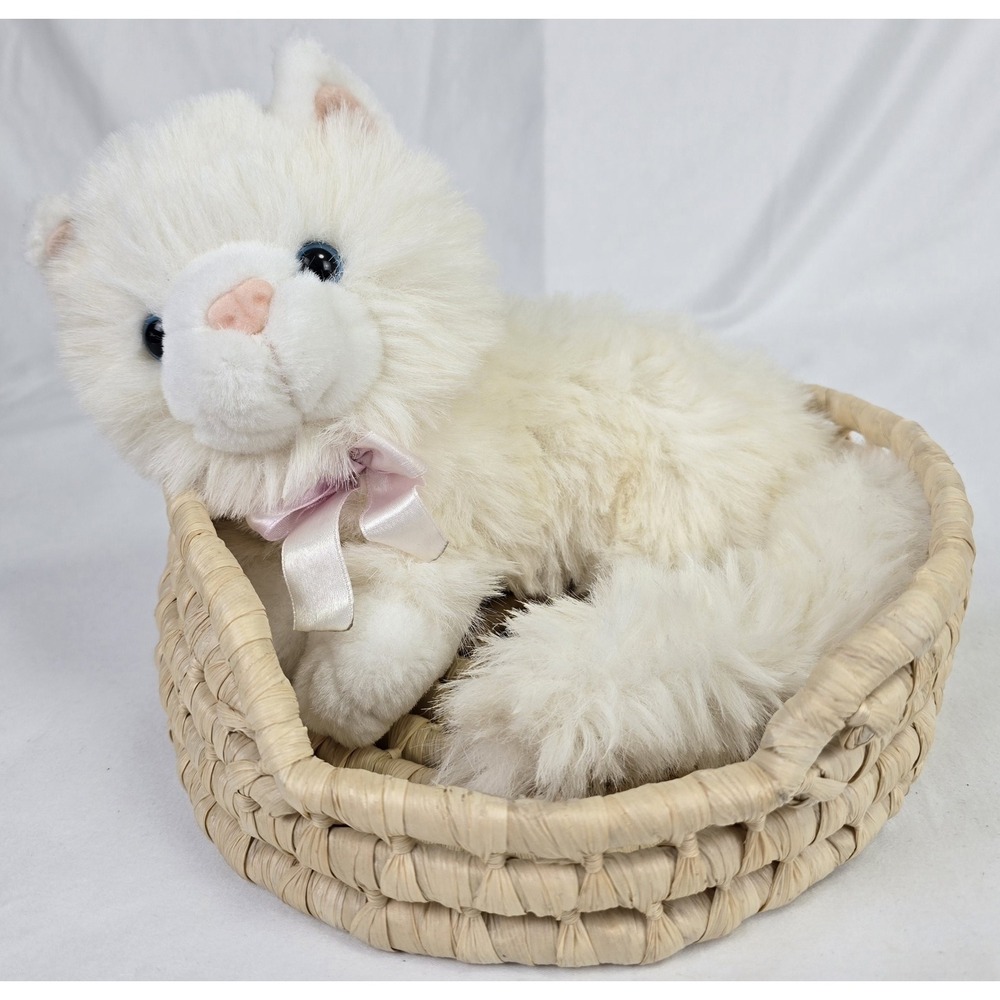 Tb Trading Co‎ Plush Cat White w/Blue Eyes 12" Laying Down Curled Up in Basket